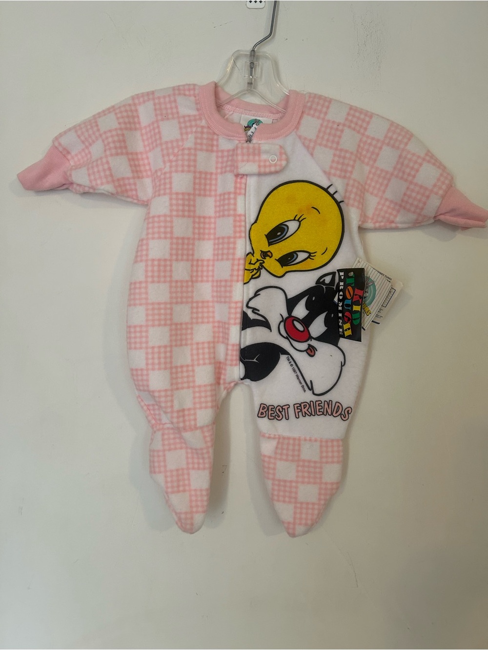 NWT Vintage Dead Stock 1997 Tweety & Sylvester Pink Checkered Baby One-Piece 0-6